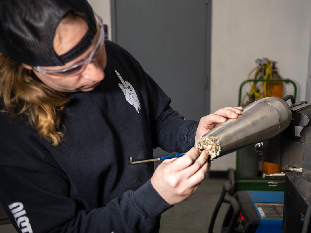 Sawicki Speed motorcycle exhaust welder setting up for a back purge weld