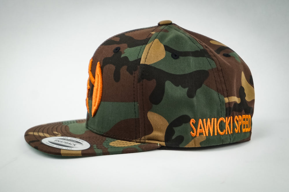 Sawicki "Badge" Embroidered Snapback Hat - Orange & Jungle Camo