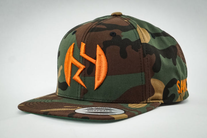 Sawicki "Badge" Embroidered Snapback Hat - Orange & Jungle Camo
