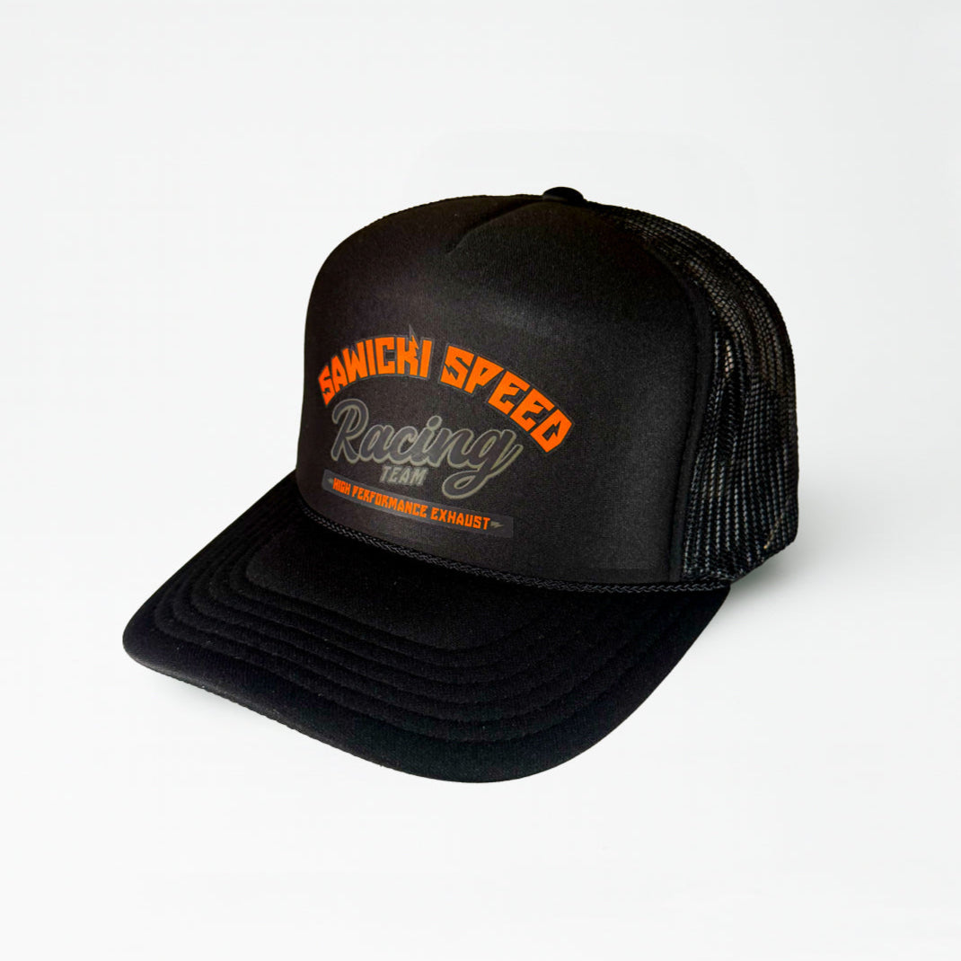 Sawicki Speed Race Division trucker hat in orange and black