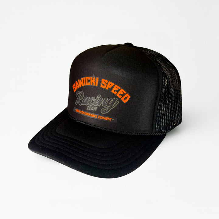 Sawicki Speed Race Division trucker hat in orange and black
