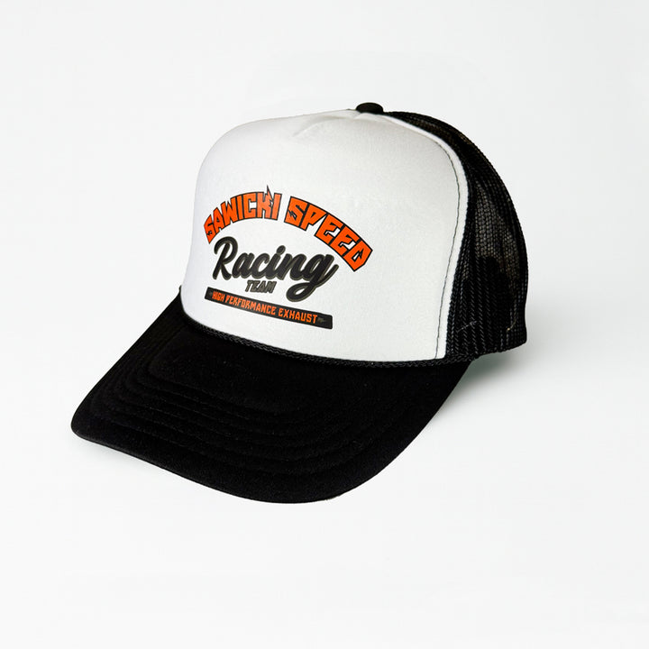 Sawicki Speed Race Division trucker hat in white and black