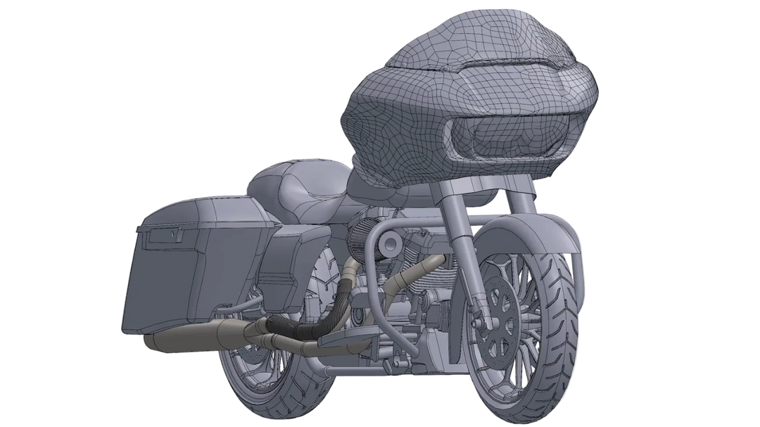 3D model of a motorcycle with a Sawicki exhaust on a white background